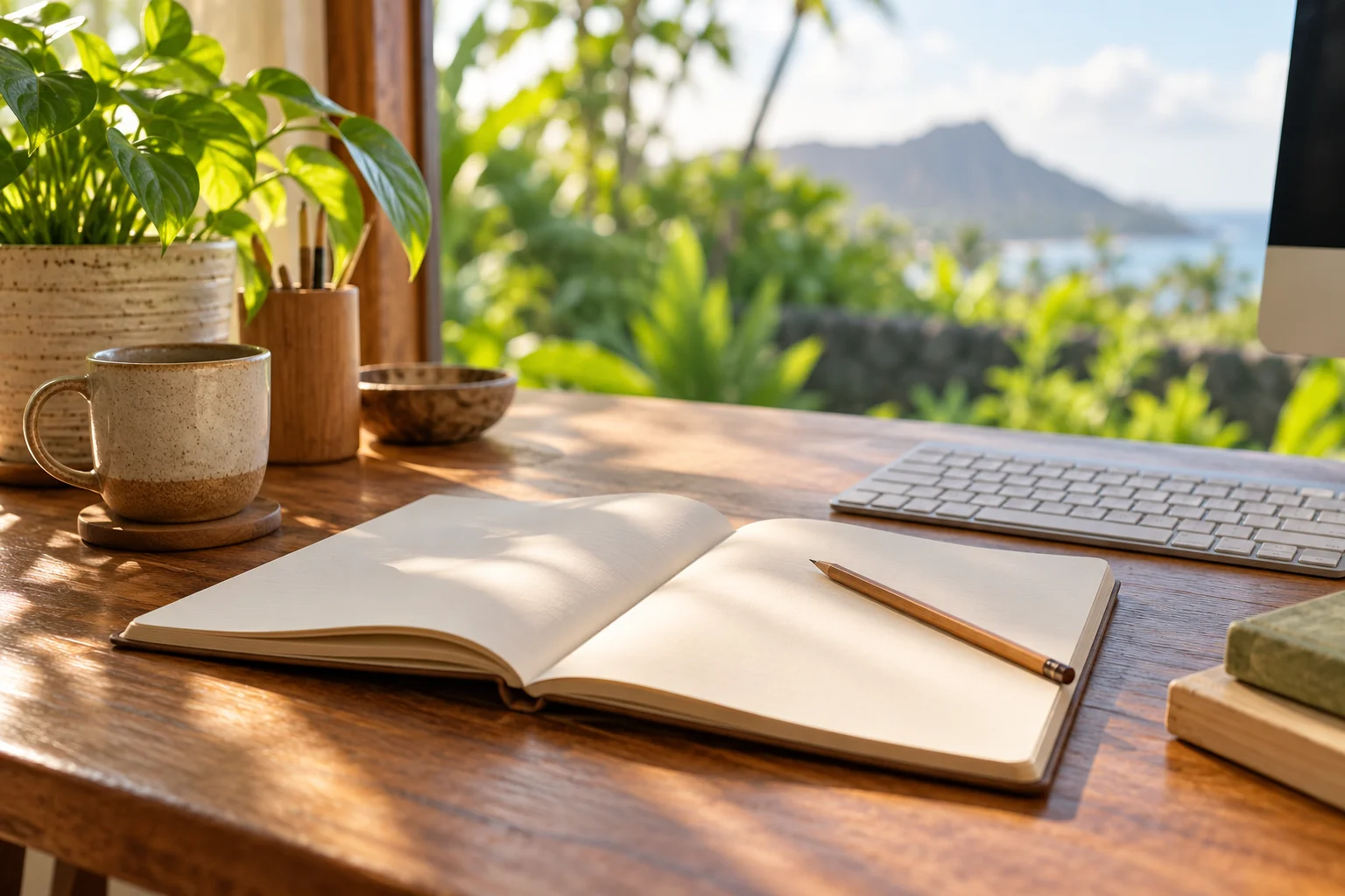 A keyboard, open notebook, and pencil on a warm wooden desk beside a garden