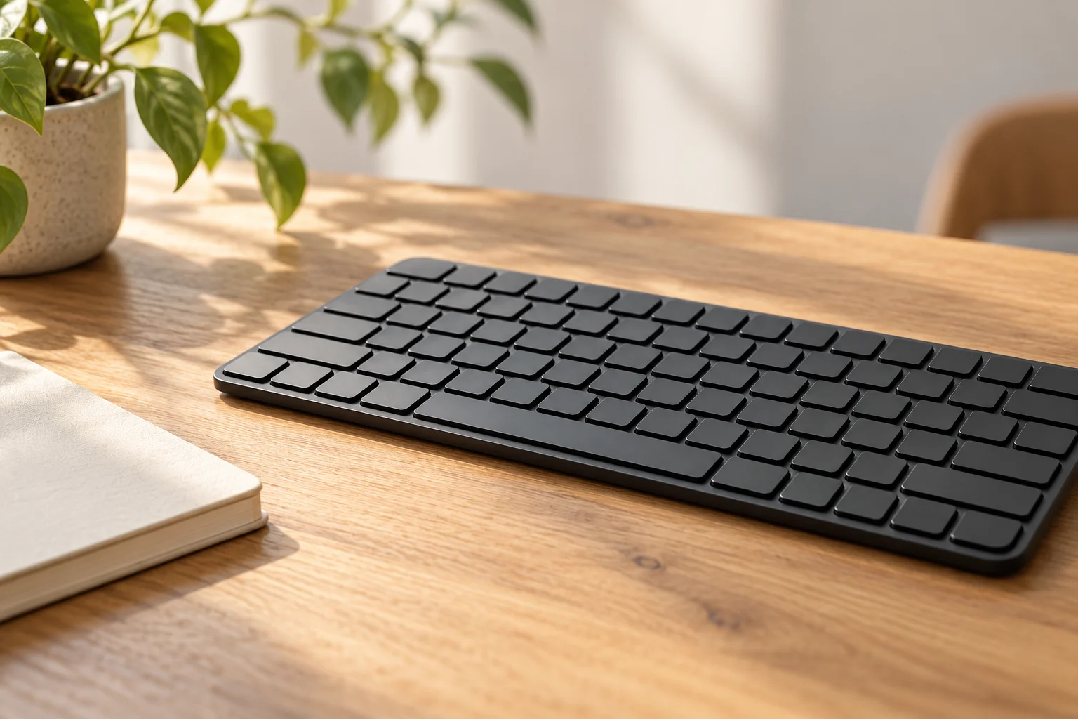 A keyboard and notebook on an oak desk in soft daylight